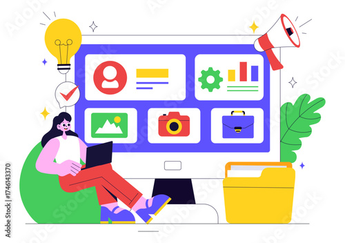 Personal Portfolio Vector Illustration with Profile Information, Resume, and Self Improvement Concept to Attract Clients and Employers in Background