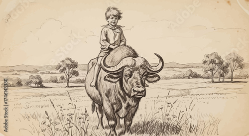 A young child rides atop a large buffalo through a grassy plain, depicted in a vintage illustration.