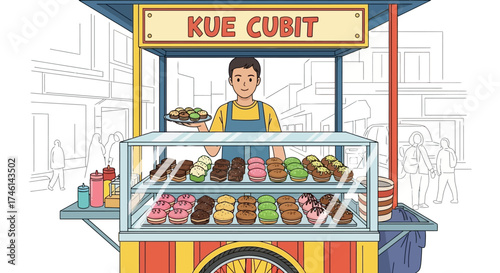 A street vendor displays and sells Kue Cubit, a traditional Indonesian snack, in a bustling urban setting.