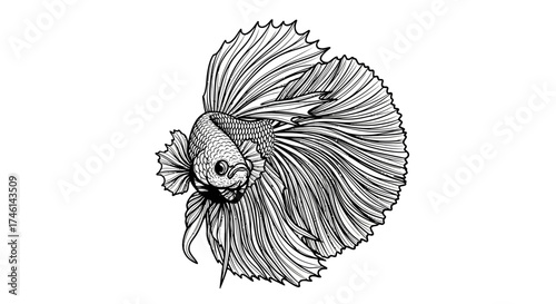 Detailed line art illustration of a Betta fish with flowing fins, isolated on a white background.