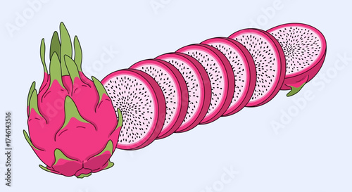 Illustration of a whole dragon fruit with vibrant pink skin and green leaves, alongside several circular slices arranged in a row.