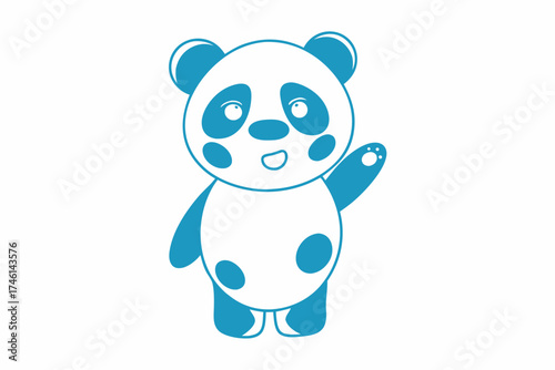 Cartoon panda is waving cheerfully with its paw outlined in blue color