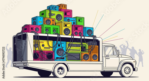 A truck overflowing with colorful speakers, possibly for a party, with dancing figures.