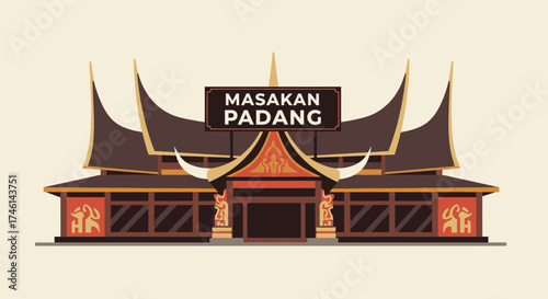 Vector illustration of a traditional Indonesian restaurant with a sign that reads "Masakan Padang.".