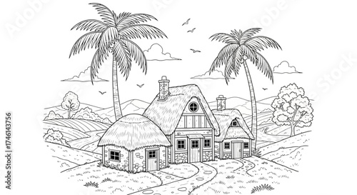 A detailed black and white illustration of a thatched-roof cottage and palm trees.