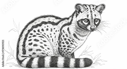 Detailed pencil illustration of a genet cat, showcasing its spotted fur and attentive gaze.