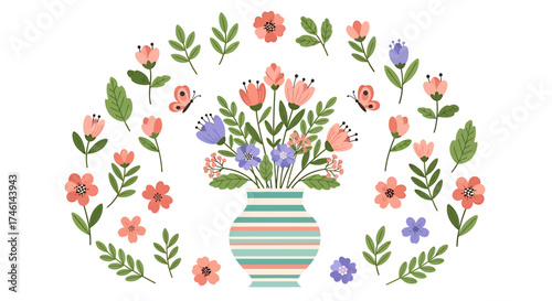 Whimsical floral arrangement in a striped vase, surrounded by various colorful flowers and green leaves.