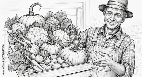 Farmer smiles, holding a crate overflowing with fresh vegetables including pumpkins, cauliflower, and carrots.