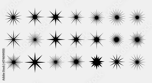 Assortment of black starbursts, sparkles, and sunbursts featuring diverse sharp and soft rays.