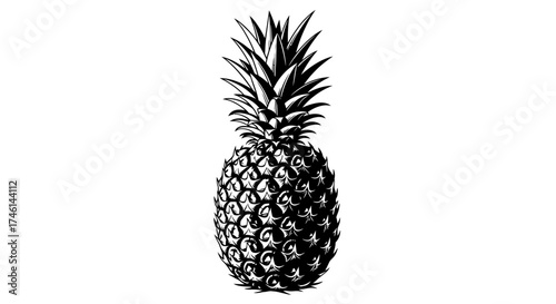 Black and white illustration of a whole pineapple with its textured skin and leafy crown.
