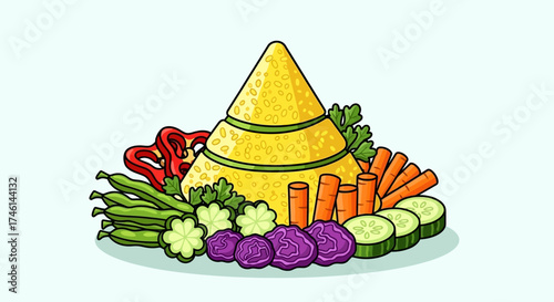 Illustration of a cone-shaped yellow rice dish, surrounded by colorful vegetables like cucumber, carrots, cabbage, beans, and peppers.