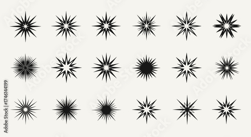Collection of Black Starburst Shapes with Varying Point Styles and Densities.