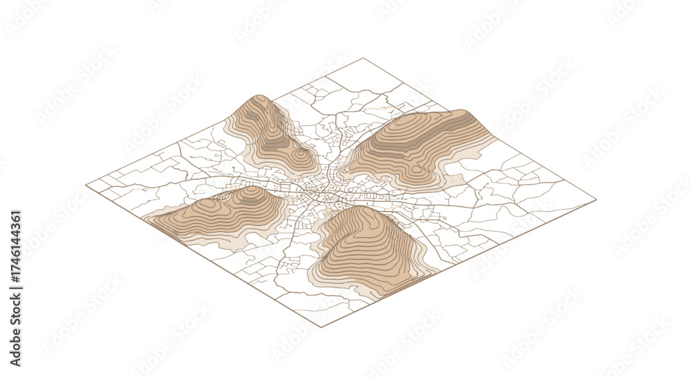 Obraz premium Dynamic isometric map visualization showing urban density and topography with contour lines and street networks, perfect for data analysis and urban planning presentations.