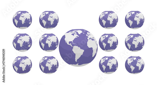Dynamic arrangement of multiple purple and white globes symbolizing global reach and interconnectedness for business and technology concepts.