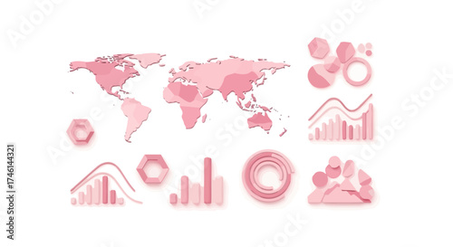 Stunning pink world map and abstract infographic elements create a modern, professional presentation for global business insights and data visualization.