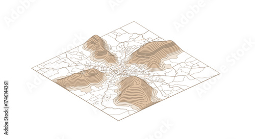 Dynamic isometric map visualization showing urban density and topography with contour lines and street networks, perfect for data analysis and urban planning presentations.