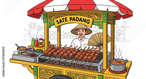 Illustration of a street food vendor selling Sate Padang from a colorful cart with a red and white striped awning.