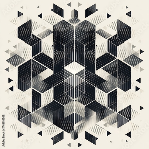 Abstract Geometric Isometric Pattern. Modern black and white design with interconnecting cubic shapes and intricate lines, ideal for technology backgrounds and architectural concepts.