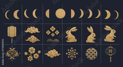 Elegant Golden Lunar Rabbits and Moon Phases, Decorative Elements on Dark Background.