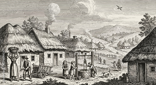 Rural village scene with thatched-roof houses, people drawing water from a well, and figures walking.