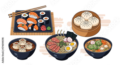 An illustration showcasing a variety of delicious Asian dishes, including sushi and ramen.