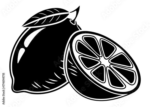 Stylized black and white illustration of a lemon and a lemon slice