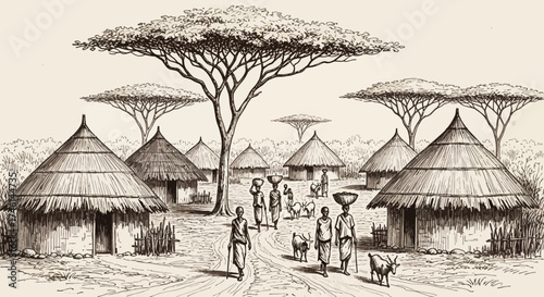 Illustration of an African village scene with huts, trees, and people carrying goods.
