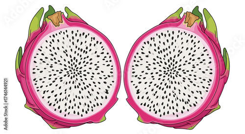 Two halves of a dragon fruit, showcasing the white flesh and black seeds, with pink skin and green scales.