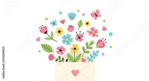 Vibrant cartoon flowers, leaves, butterflies, and hearts bursting from an open envelope.