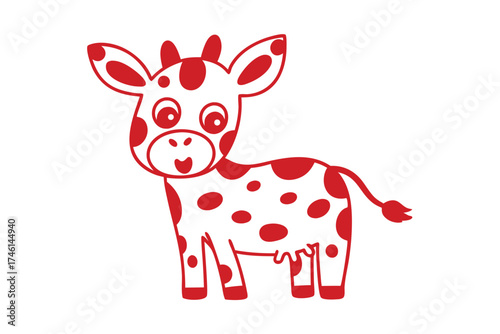 Cartoon style red spotted cow stands cheerfully against the white background showing innocence