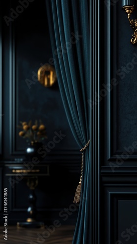 Deep teal drapes grace a luxurious, dark interior.