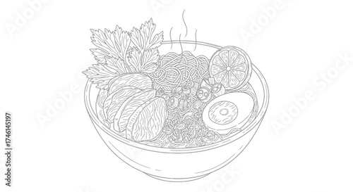 Detailed line drawing of a steaming bowl of delicious, prepared food.