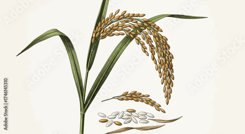 An illustrated depiction of a rice plant showcasing the stalk, grains, and leaves.