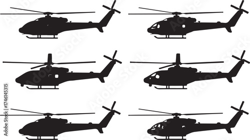 Six silhouette helicopters fly against white background