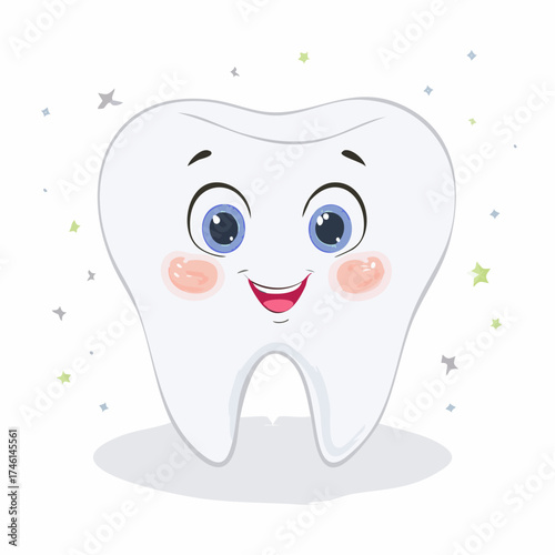 Cartoon tooth character with cute expression and twinkling stars surrounding it