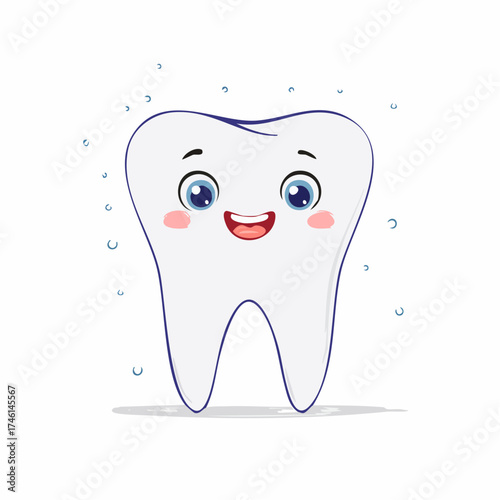 Happy smiling cartoon tooth with sparkling water for dental hygiene promotion