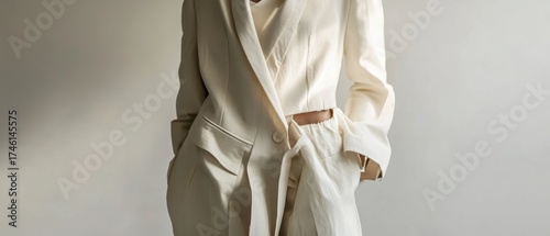 Cream linen blazer with a brown belt.