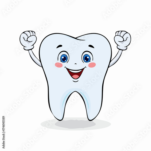 Happy Tooth Character with Raised Fists Encouraging Dental Health and Hygiene