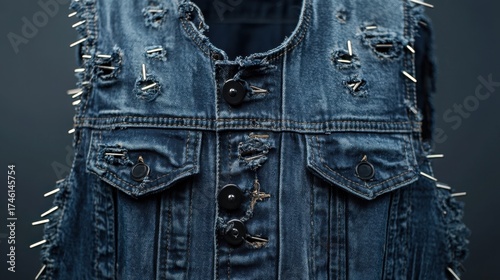 Distressed denim vest adorned with studs and rips.