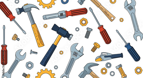 Assortment of Hand Tools and Fasteners with Gears and Nuts.