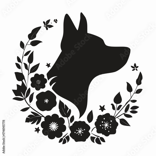 Elegant dog portrait silhouette with floral wreath illustration creates a serene design
