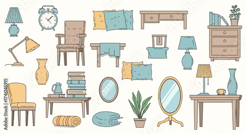 Collection of Hand-Drawn Furniture and Home Decor Elements in Pastel Colors.