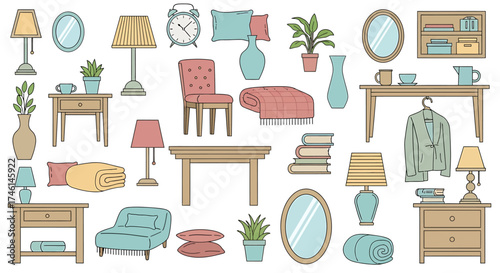 Collection of Hand-Drawn Home Furnishings and Decor Items.