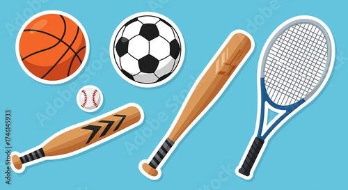 Collection of Sport Equipment - Baseball, Basketball, Soccer Ball, and Tennis and Baseball Bats.