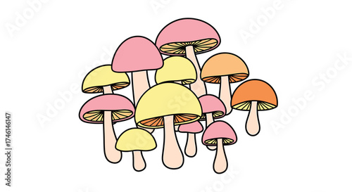 Colorful Cartoon Mushrooms Cluster with Pink, Yellow, and Orange Caps, Simple Illustration.