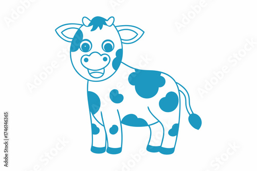 Cheerful cartoon cow smiles, showing its adorable blue spots on a white backdrop