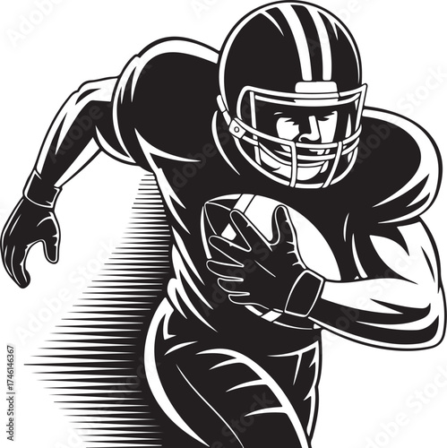 Dynamic football player charging forward with ball