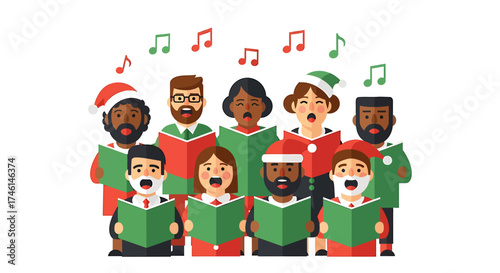 Diverse Christmas Carolers Singing Joyfully Together.