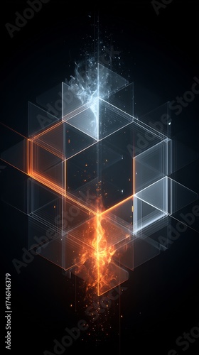 Abstract geometric cubes with glowing orange fire and blue ice energy. Digital technology background.