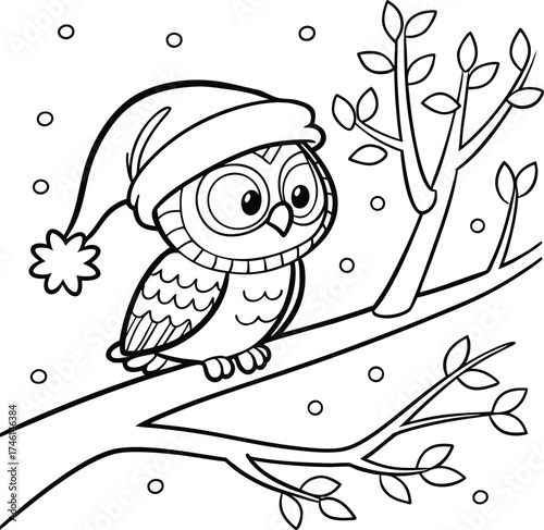 Cute Owl Wearing Santa Hat Christmas Coloring Page.